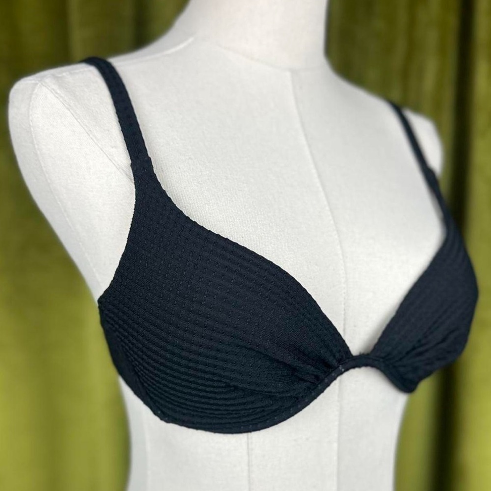 Vintage 70s Black Textured Bikini Top Size Small